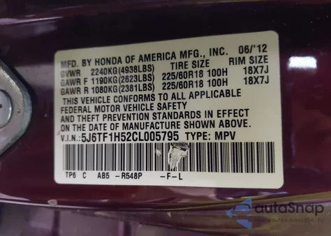 2012 Honda Crosstour Ex-L из США, поврежденный, VIN 5J6TF1H52CL005795